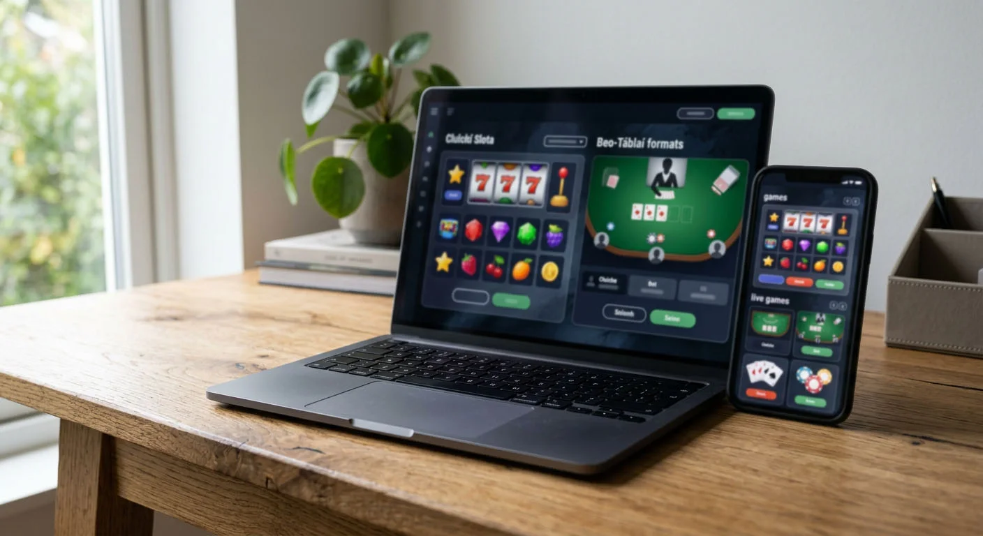 Abstract casino game tiles on a laptop beside a phone